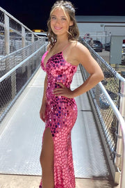Pink Spaghetti Straps Mirror-Cut Sequins Mermaid Prom Dress with Slit