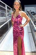 Mermaid Pink Spaghetti Straps Mirror-Cut Sequins Prom Dress, Slit