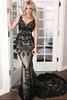 Langes schwarzes Trompeten-Abschlussballkleid mit V-Ausschnitt, Trägern, rückenfreiem Spitzeneinsatz und Schleppe