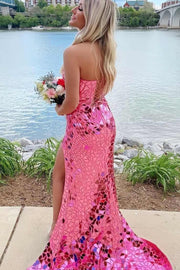 Strapless Mirror-Cut Sequins Mermaid Long Prom Dress with Slit