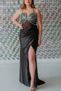 Spaghetti Straps Beads Sweetheart Pleats Mermaid Prom Dress, Slit