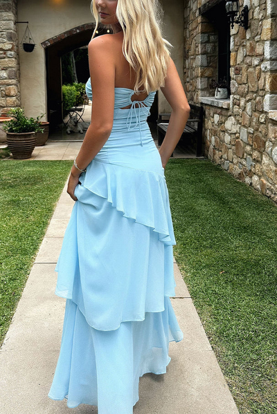 Blue Strapless Ruffles Sleeveless Chiffon Long Party Dress