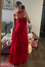 Red Spaghetti Straps Ruffles Sleeveless Lace-Up Long Dress