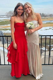 Red Spaghetti Straps Ruffles Sleeveless Lace-Up Long Dress