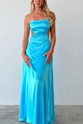 Blue Strapless A-Line Scoop Pleats Satin Long Party Prom Dress