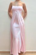A-line Spaghetti Straps Empire-Waist Overlay Long Pink Prom Dress