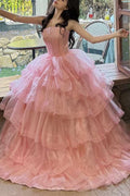 Pink A-Line Strapless Empire-Waist Layered Lace Satin Long Prom Dress