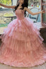 Pink A-Line Strapless Empire-Waist Layered Lace Satin Long Prom Dress