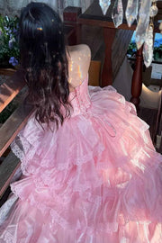 Pink A-Line Strapless Empire-Waist Layered Long Prom Dress
