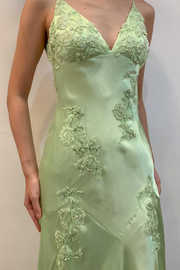 Elegant Green Straps V-Neck Appliques Satin Backless Prom Dress