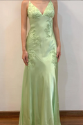Elegant Green Straps V-Neck Embroideries Satin Backless Prom Dress