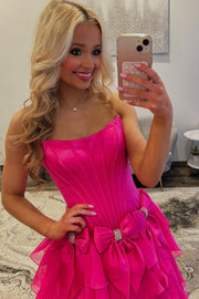 A-Line Strapless Scoop Empire-Waist Layered Prom Dress with Bows