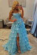 A-Line Strapless Scoop Layered Ruffles Prom Dress, Bows Slit