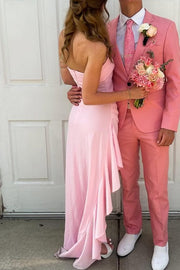 Pink Strapless Pleated Satin Side Slit Long Party Dress