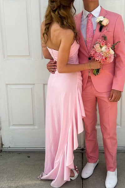 Pink Strapless Pleated Satin Side Slit Long Party Dress