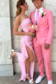 Pink Strapless Pleated Satin Side Slit Long Party Dress