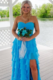 A-Line Strapless Empire-Waist Layered Chiffon Prom Dress with Slit