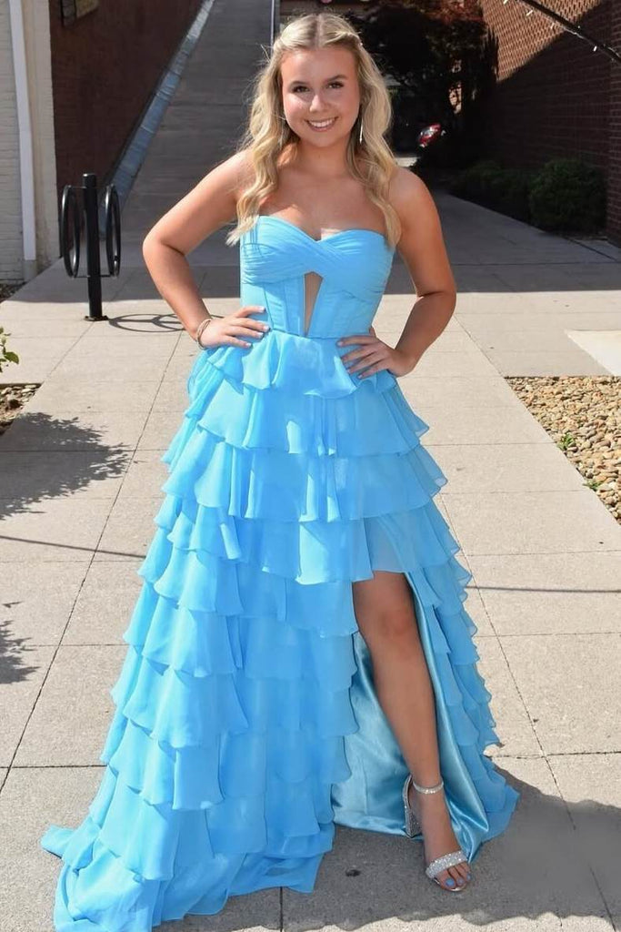 A-Line Strapless Layered Ruffles Sky Blue Chiffon Prom Dress, Slit A-Line Strapless Layered Ruffles Sky Blue Chiffon Prom Dress, Slit