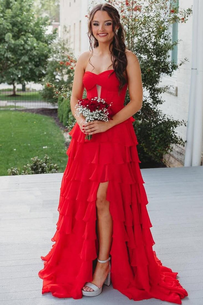 tiered chiffon prom dress Pink Sweetheart A Line Chiffon Tiered Prom Dresses With Bow, Lavender / 10