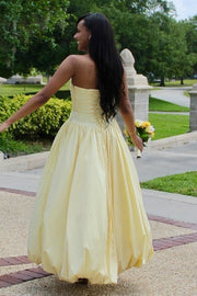 Yellow A-Line Strapless Empire-Waist Satin Long Prom Dress with Slit