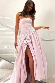 Yellow A-Line Strapless Empire-Waist Satin Long Prom Dress with Slit