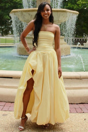 Yellow A-Line Strapless Empire-Waist Satin Long Prom Dress with Slit