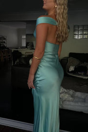 Elegant Off-Shoulder V-Neck Satin Pleats Long Party Prom Dress