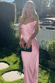 Elegant Off-Shoulder V-Neck Satin Pleats Long Party Prom Dress