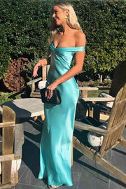 Elegant Off-Shoulder V-Neck Satin Pleats Long Party Prom Dress