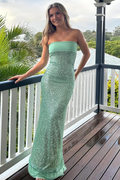 Strapless Straight Neck Sequined Sheath Long Prom Formal Party Dress