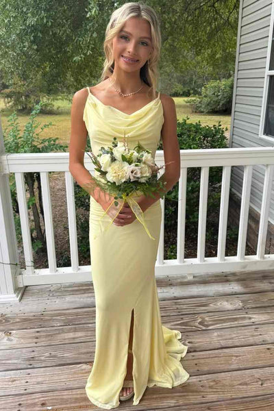 Yellow Spaghetti Straps Pleats Sleeveless Mermaid Long Prom Dress