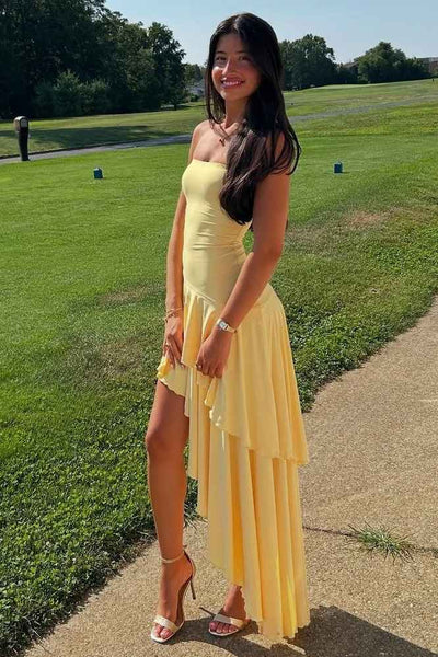 Strapless Yellow Scoop Neck Ruffles High Slit Party Dress