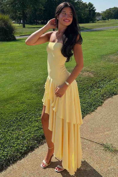 Strapless Yellow Scoop Neck Ruffles High Slit Party Dress