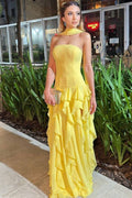 Yellow Strapless A-Line Satin Chiffon Ruffles Long Prom Dress