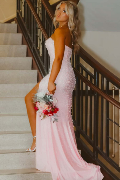 Pink Strapless Beaded Scoop Side Slit Mermaid Long Dress