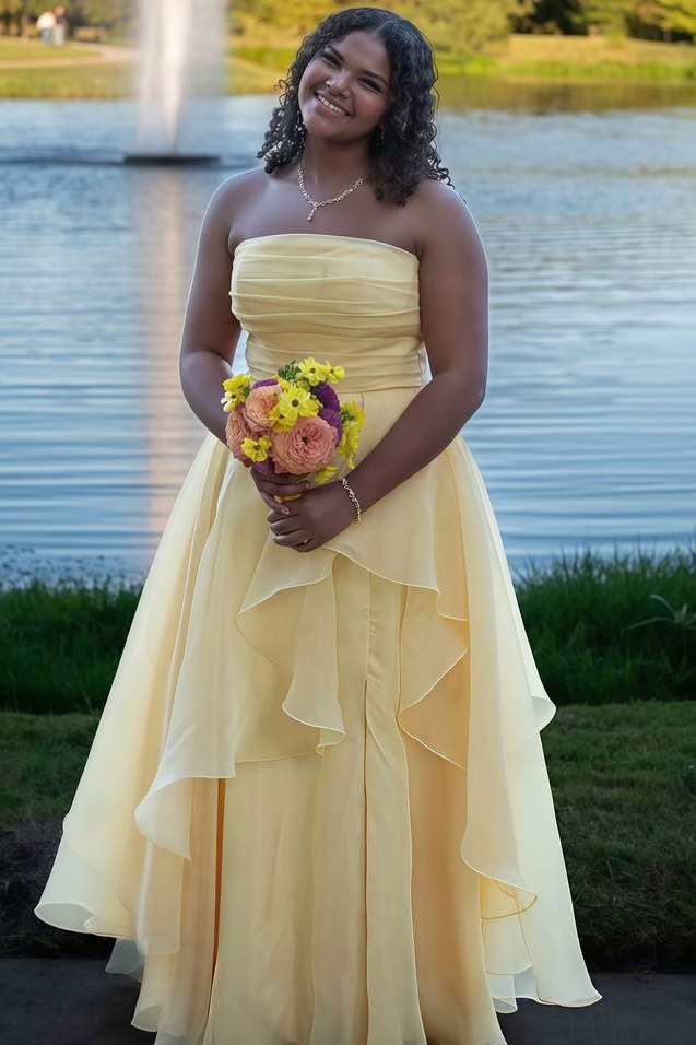 empire waist prom dress Yellow A-Line Strapless Ruffles Chiffon Sleeveless Long Prom Dress