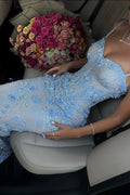 Blue Spaghetti Straps Lace Sleeveless Mermaid Long Prom Dress