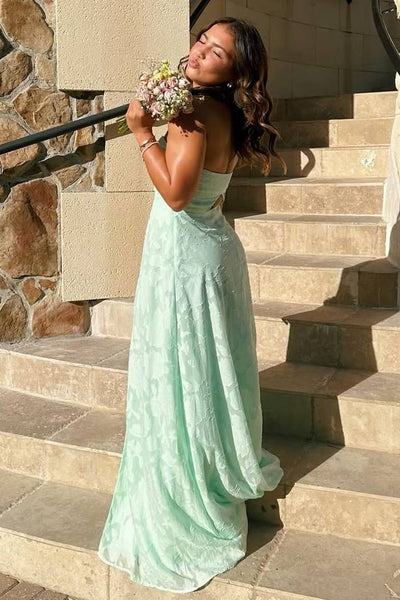 A-Line Strapless High Slit Sleeveless Lace Appliques Prom Dress