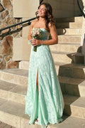 A-line Strapless Sweetheart Slit Mint Lace Long Prom Party Dress