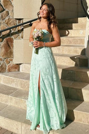 A-Line Strapless High Slit Sleeveless Lace Appliques Prom Dress