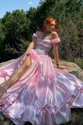 Pink Off-Shoulder Satin Ruffles High Slit A-Line Long Prom Dress