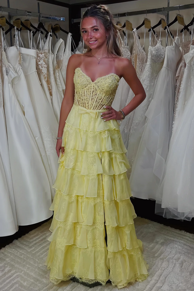 Strapless A-Line V-Neck Tiered Ruffles Lace Appliques Prom Dress with Slit