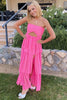 Rosa trägerloses A-Linien-Abendkleid für den Abschlussball mit Stufen, ärmellosem Design und hohem Schlitz