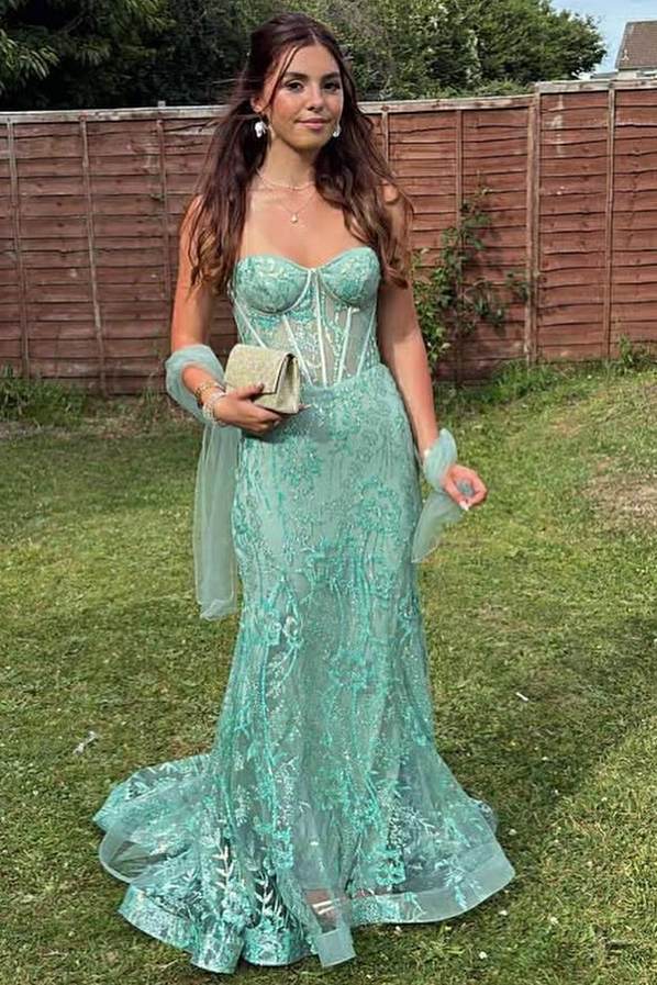 strapless open back dress Blue Tulle A-line V-neck Lace Flowers Long Prom Dresses, Evening Dress,  MP720
