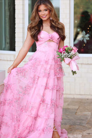 Stunning A-Line Strapless Print Tiered Empire-Waist Ruffles Long Prom Dress