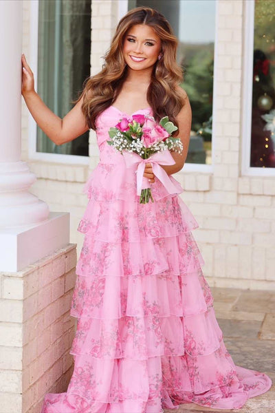 Stunning A-Line Strapless Print Tiered Empire-Waist Ruffles Long Prom Dress