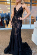 Black V-Neck Spaghetti Straps Lace Sleeveless Mermaid Prom Dress