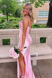 Spaghetti Straps V-Neck Beads Sleeveless Pleats Long Dress with Slit