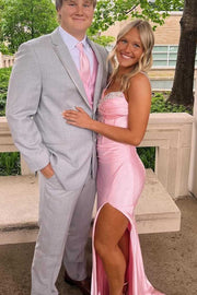 Spaghetti Straps V-Neck Beads Sleeveless Pleats Long Dress with Slit