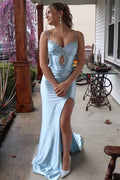 Spaghetti Straps V-Neck Beads Sleeveless Long Prom Dress, Slit